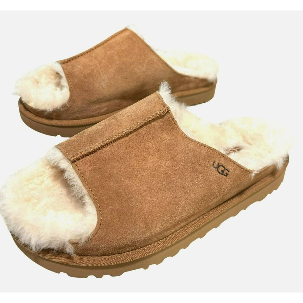 UGG Suede Greenport Shearling Open-Toe Shoes Slip On Slippers Sz 8 Chestnut New - Picture 4 of 8